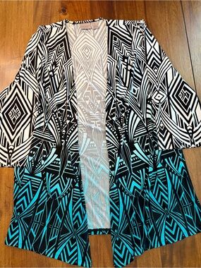 Chicos Geometric Pattern Open Front Cardigan - Black, White & Teal